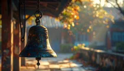 Ancient Bell Amidst Autumn Hues: An aged bell hangs gracefully, a sentinel of time, its weathered surface contrasting with the vibrant warmth of the autumn landscape.
