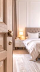 Interior view of a bedroom through a light beige wooden door