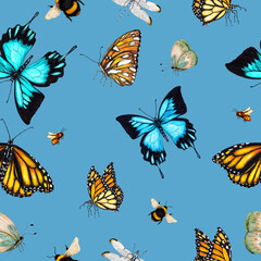Seamless pattern with butterflies. Hand drawn watercolor illustration.