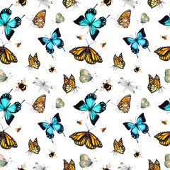 Seamless pattern with butterflies. Hand drawn watercolor illustration.