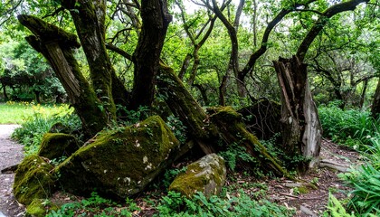 Naklejka premium A dense forest scene with mossy rocks