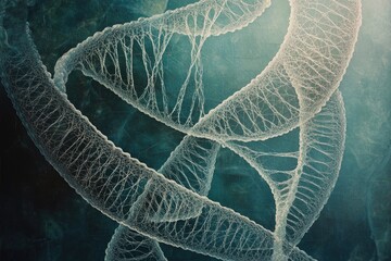Abstract representation of DNA double helix strands, intricate and detailed, against a dark teal background.