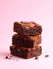 Chocolate brownies stacked on a pink background