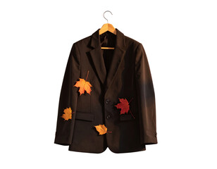  Classic Black Jacket on Wooden Hanger with Autumn Leaves