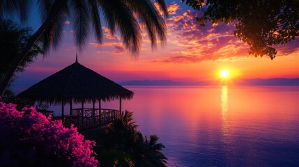 Spectacular Sunset over Tropical Ocean with Gazebo