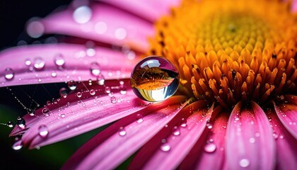 Macro view of a pink flower petal with glistening water droplets.