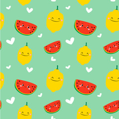 Kawaii Fruits Seamless Vector Background