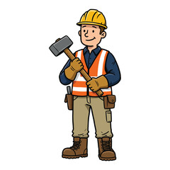 A friendly cartoon construction worker in a hard hat and safety vest, holding a large sledgehammer.