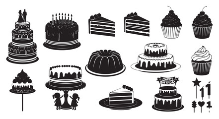 Collection of hand drawn black and white illustrations of various cakes and desserts isolated on transparent background