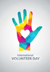 Colorful hand with heart for international volunteer day isolated on white background