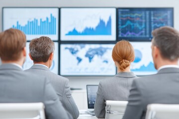 Business meeting with individuals in grey suits, focused on data presentations displayed on multiple screens, showcasing analytics and strategic discussions in a modern office environment