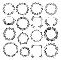 Collection of decorative hand drawn floral wreaths and frames with leaves and berries isolated on transparent background