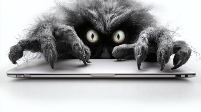Furry cyber-monster with claws lurking over a closed laptop &ndash; cybersecurity threat concept