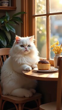 A white cat sitting at a table with a cupcake on it.