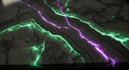 urora Marble &ndash; Marble infused with veins of green and purple light, inspired by the Northern Lights, hyper-detailed cinematic vision.
