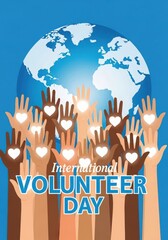 International volunteer day concept with hands and hearts in front of earth