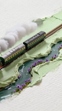 Old vintage train travel at the green lane. Oil painting style.