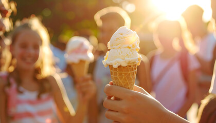 Sweet Summer Moments: A close-up shot of a refreshing ice cream cone, held by a hand, against a backdrop of a crowd of blurred children bathed in the warm, golden light of the summer sun.