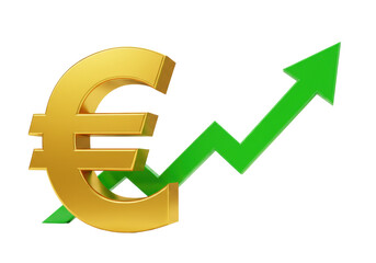 Isolated Euro currency symbol with a green arrow indicating an upward trend or investment
