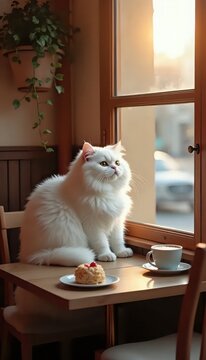 A white cat sitting on top of a wooden table next to a window