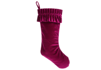 Isolated velvet Christmas stocking with dark pink ruffled cuff for holiday decor, display