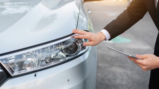 Professional insurance agent acting as an adjuster conducts car damage inspection for an accurate vehicle claim estimate after an accident, detailing full report