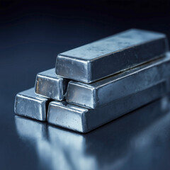 silver ingots stacked on a reflective dark surface. The bars display a smooth, polished finish with subtle texture marks, emphasizing their raw metallic purity, used in investment, manufacturing