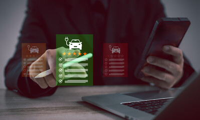 Professional reviewing electric car rating with checklist and stars, representing eco-friendly transport, customer review, evaluation, green energy, innovation, and sustainable mobility.