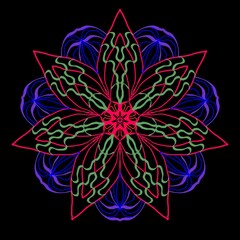 Neon Mandala Floral Design on Black Background