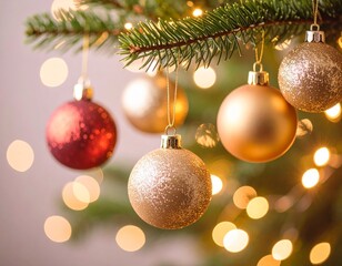ornaments hanging from branch of Christmas tree with string lights