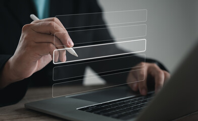 Professional using digital pen to select interface option on virtual screen, illustrating technology, innovation, online form, electronic document, business workflow, and modern user experience.