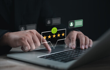 Person typing on laptop with five-star customer feedback icons, symbolizing online review, rating, satisfaction, testimonial, digital marketing, business reputation, and client experience.