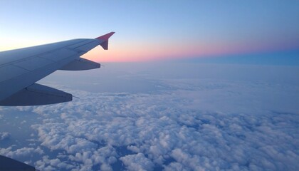 Fototapeta premium Airplane Wing, Sunset Cloudscape, Aerial View, Flight, Travel, Journey, Sky, Pastel Colors, Cumulus 