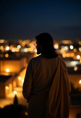 Silhouetted figure in traditional attire gazes over the illuminated city of Jerusalem at dusk. The background glows with shimmering lights, evoking spirituality and serenity Generative AI