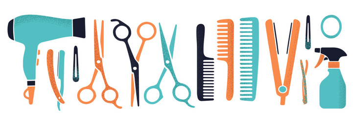 Barbershop decorative set with various tools. In texture style. vector