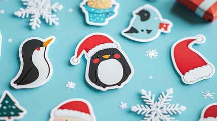 Festive penguin and winter themed stickers on blue background