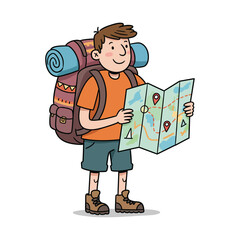 Cartoon illustration of a young male hiker with a large backpack looking at a trail map.