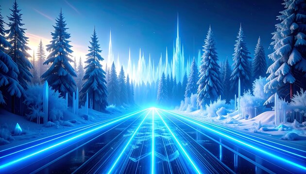 Winter road glows with vibrant blue light through snowy forest