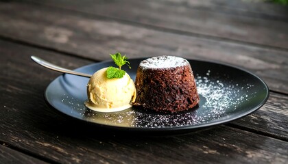 Chocolate cake and ice cream on a plate