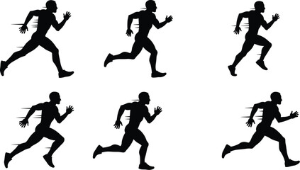 Black silhouette runner in motion sequence, athletic man jogging with speed lines, fitness training, sports activity, marathon, dynamic movement vector illustration