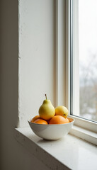 Fresh pears and oranges in a bowl on windowsill during winter  