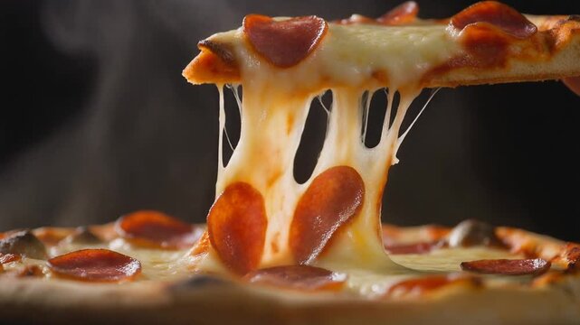 A hot slice of pepperoni pizza with a dramatic, gooey cheese pull against a dark background.