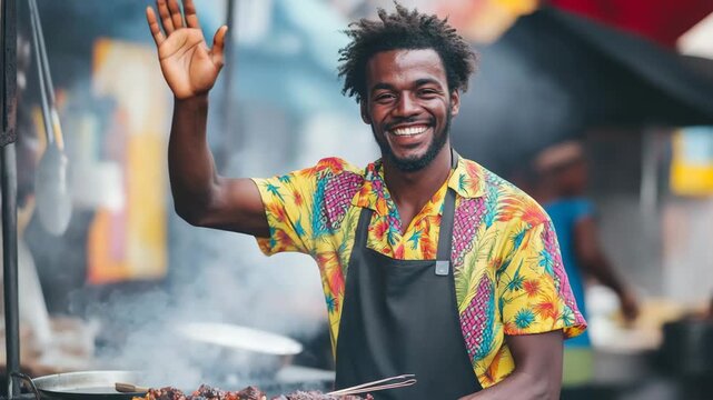 Smiling Caribbean street chef grilling jerk meat over open flames - vivid market scene full of tropical flavor and cultural authenticity.