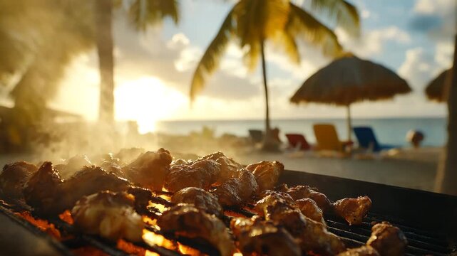 Close-up of jerk chicken sizzling on a charcoal grill, smoky flames, colorful Caribbean spices, beach in the background, palm trees, sunny light, authentic street food moment, warm tones