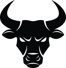 Bull head silhouette, black and white bull, fierce animal icon, strong horned profile, stylized vector design, sports logo, tattoo graphic