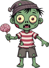 Cartoon zombie child vector illustration, undead kid character, horror boy design, creepy monster artwork, scary child zombie holding brain lollipop graphic