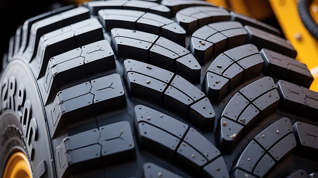 Extreme close-up of heavy-duty tire tread with dirt