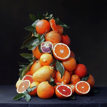 Still life arrangement of various citrus fruits including oranges and lemons on a dark background