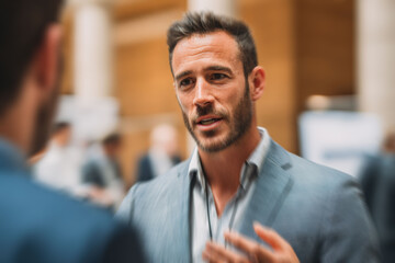 Obraz premium A networking reception, businesspeople engage in lively conversation, sealing new partnership with smiling. The setting is casual yet professional, encouraging open dialogue.