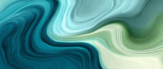 A white background is filled with swirling abstract waves of teal and green